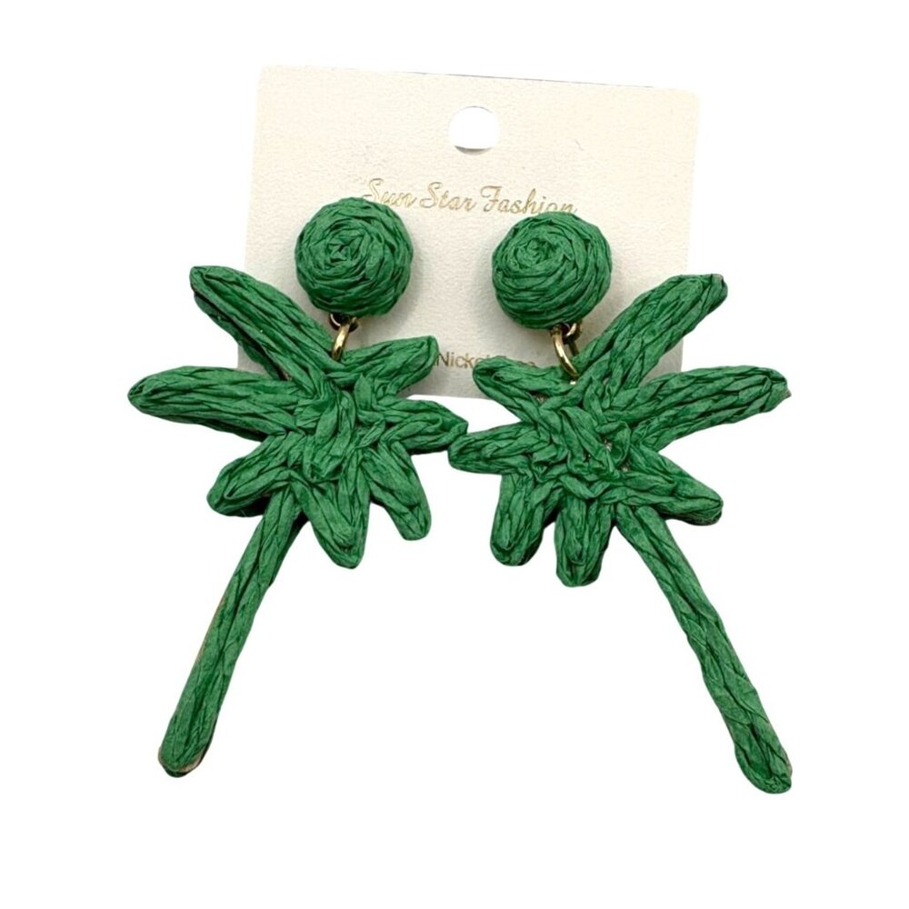 Green Raffia Palm Tree Drop Dangle Earrings Lightweight Fun Jewelry Nickle Free